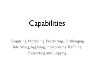 Capabilities
Enquiring, Modelling, Predicting, Challenging
Informing,Applying, Interpreting, Refining
Reporting and Logging
 