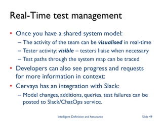 Real-Time test management
• Once you have a shared system model:
– The activity of the team can be visualised in real-time...