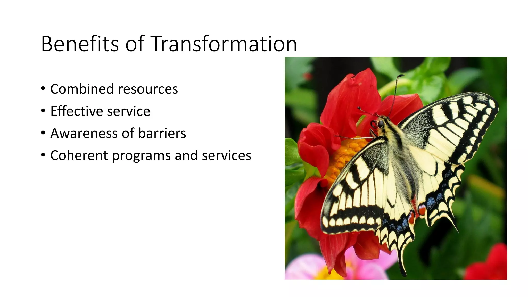 Benefits of Transformation
• Combined resources
• Effective service
• Awareness of barriers
• Coherent programs and services
 