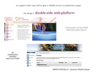 to support sales reps and to give a reliable service to physicians target


                 we design a   double-side web-platform


                                                                Community on line FOR
                                                                 PHYSICIANS ONLY




     ISF
 KNOWLEDGE
   SHARING
WEB-PLATFORM




                                                  ENRICO FISICHELLA - Business Models Design
 