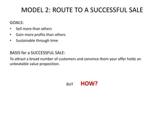 MODEL 2: ROUTE TO A SUCCESSFUL SALE
GOALS:
• Sell more than others
• Gain more profits than others
• Sustainable through time
BASIS for a SUCCESSFUL SALE:
To attract a broad number of customers and convince them your offer holds an
unbeatable value proposition.
BUT HOW?
 