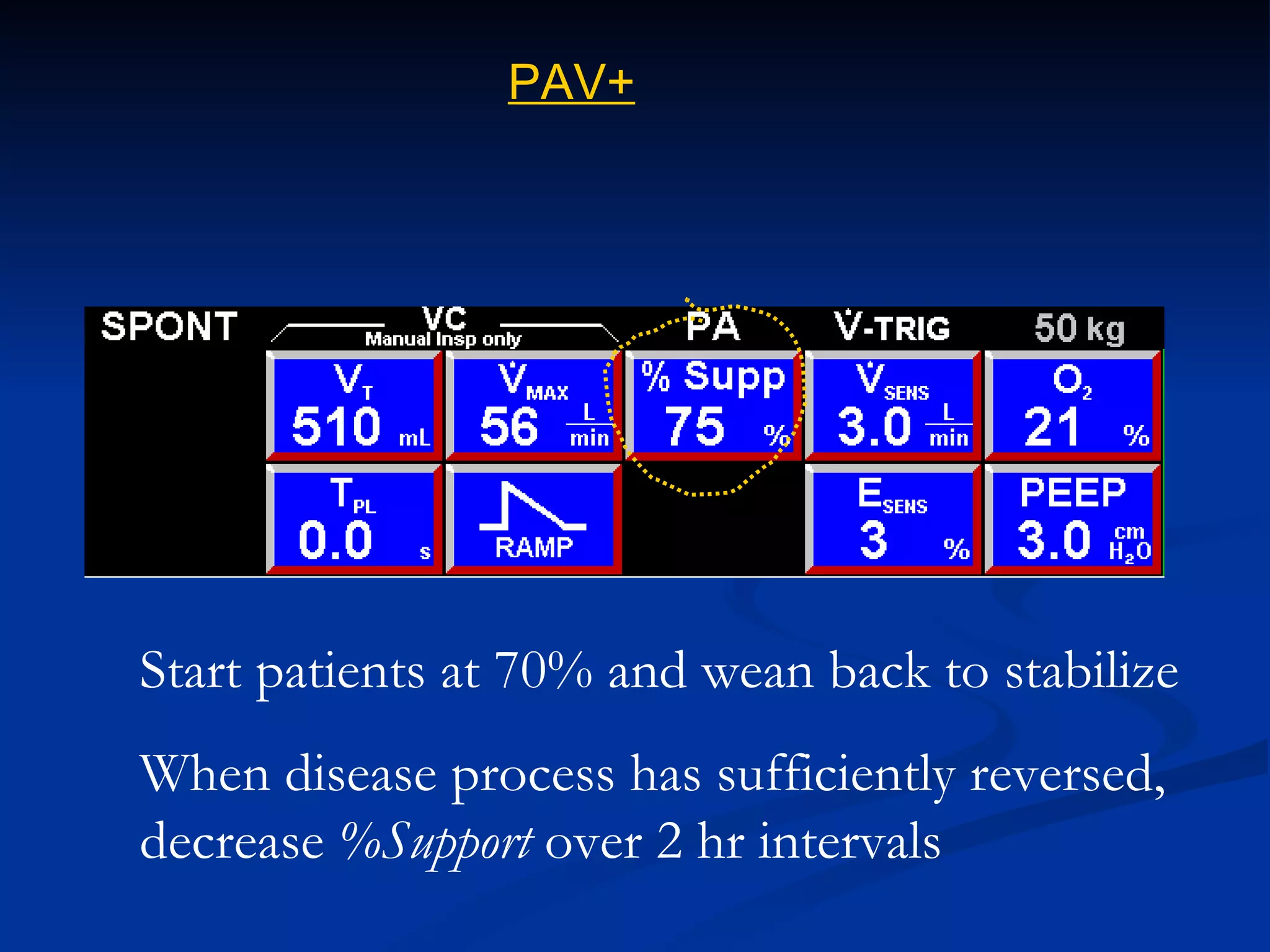 PAV+ Start patients at 70% and wean back to stabilize When disease process has sufficiently reversed, decrease  %Support  over 2 hr intervals 