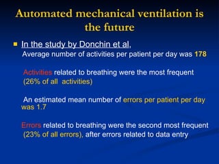 Automated mechanical ventilation is the future In the study by Donchin et al ,   Average number of activities per patient per day was  178 Activities  related to breathing were the most frequent  (26% of all  activities) An estimated mean number of  errors per patient per day was 1.7 Errors  related to breathing were the second most frequent  (23% of all errors),  after errors related to data entry 