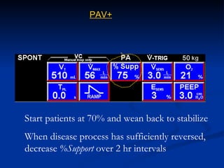 PAV+ Start patients at 70% and wean back to stabilize When disease process has sufficiently reversed, decrease  %Support  over 2 hr intervals 