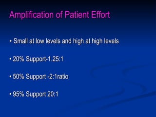 Amplification of Patient Effort •  Small at low levels and high at high levels •  20% Support-1.25:1 •  50% Support -2:1ratio  •  95% Support 20:1 