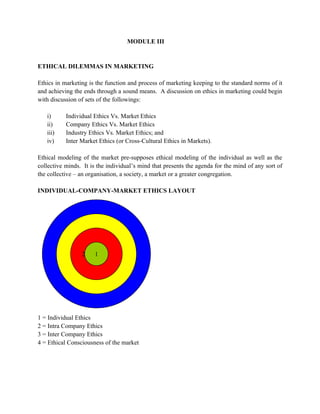 MODULE III


ETHICAL DILEMMAS IN MARKETING

Ethics in marketing is the function and process of marketing keeping to the standard norms of it
and achieving the ends through a sound means. A discussion on ethics in marketing could begin
with discussion of sets of the followings:

   i)         Individual Ethics Vs. Market Ethics
   ii)        Company Ethics Vs. Market Ethics
   iii)       Industry Ethics Vs. Market Ethics; and
   iv)        Inter Market Ethics (or Cross-Cultural Ethics in Markets).

Ethical modeling of the market pre-supposes ethical modeling of the individual as well as the
collective minds. It is the individual’s mind that presents the agenda for the mind of any sort of
the collective – an organisation, a society, a market or a greater congregation.

INDIVIDUAL-COMPANY-MARKET ETHICS LAYOUT




          4     3   2    1




1 = Individual Ethics
2 = Intra Company Ethics
3 = Inter Company Ethics
4 = Ethical Consciousness of the market
 