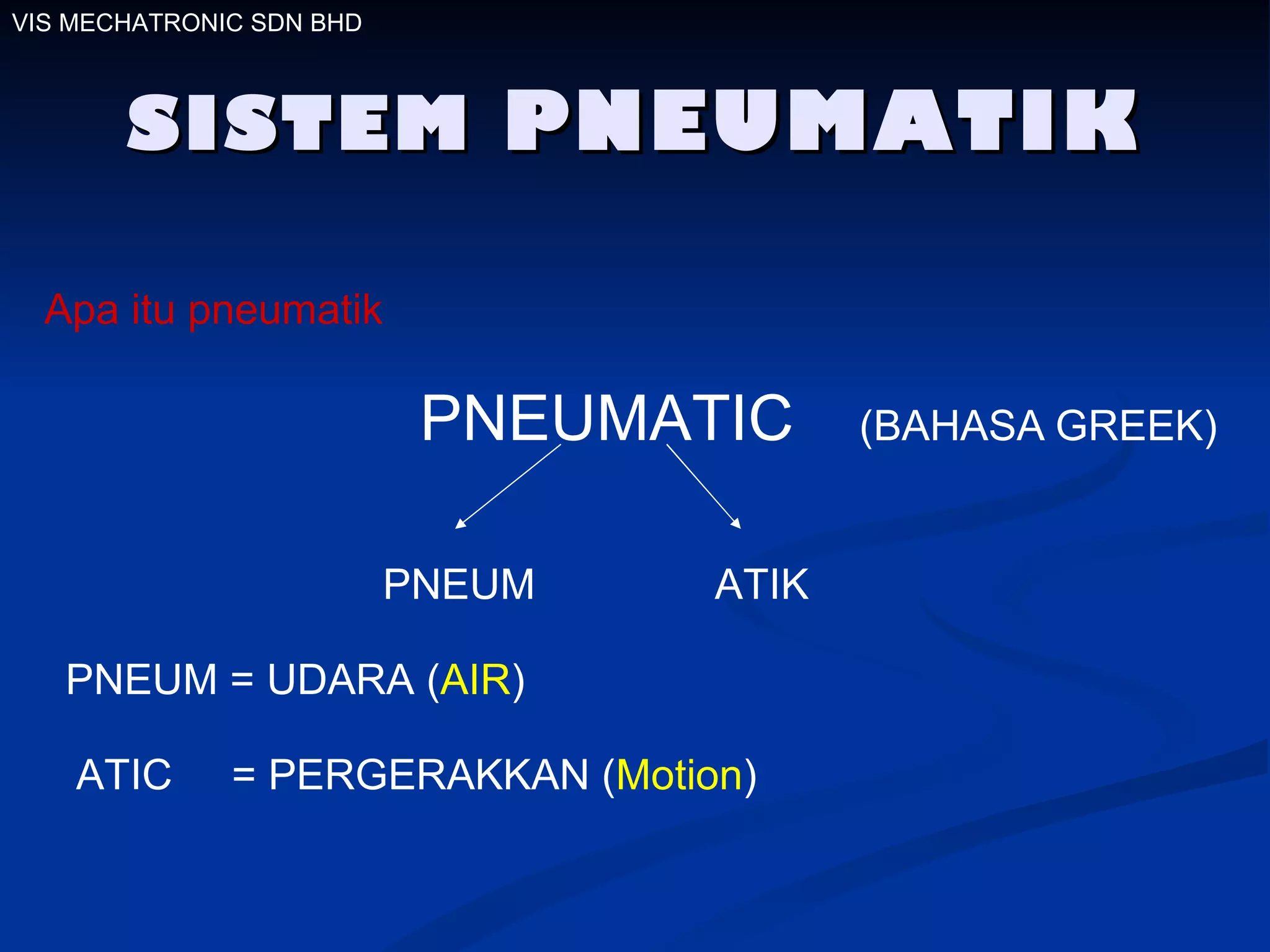 SISTEM  PNEUMATIK PNEUMATIC (BAHASA   GREEK) PNEUM ATIK PNEUM = UDARA ( AIR ) ATIC  = PERGERAKKAN ( Motion ) Apa itu pneumatik VIS MECHATRONIC SDN BHD 