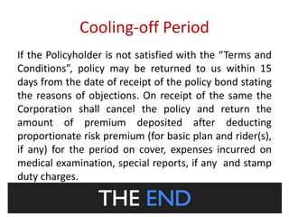 Cooling-off Period 
If the Policyholder is not satisfied with the “Terms and 
Conditions”, policy may be returned to us within 15 
days from the date of receipt of the policy bond stating 
the reasons of objections. On receipt of the same the 
Corporation shall cancel the policy and return the 
amount of premium deposited after deducting 
proportionate risk premium (for basic plan and rider(s), 
if any) for the period on cover, expenses incurred on 
medical examination, special reports, if any and stamp 
duty charges. 
