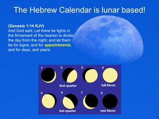 The Hebrew Calendar is lunar based! (Genesis 1:14 KJV) And God said, Let there be lights in the firmament of the heaven to divide the day from the night; and let them be for signs, and for  appointments ,   and for days, and years: 