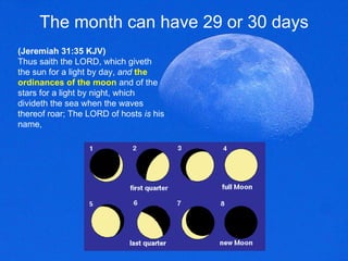 The month can have 29 or 30 days (Jeremiah 31:35 KJV) Thus saith the LORD, which giveth the sun for a light by day,  and   the   ordinances   of the moon  and of the stars for a light by night, which divideth the sea when the waves thereof roar; The LORD of hosts  is  his name, 