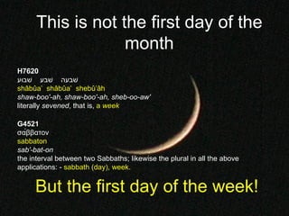 But the first day of the week! This is not the first day of the month H7620 שׁבעה  שׁבע  שׁבוּע shâbûa‛  shâbûa‛  shebû‛âh shaw-boo'-ah,   shaw-boo'-ah,   sheb-oo-aw' literally  sevened , that is,  a  week G4521 σάββατον sabbaton sab'-bat-on the interval between two Sabbaths; likewise the plural in all the above applications: -  sabbath (day), week. 