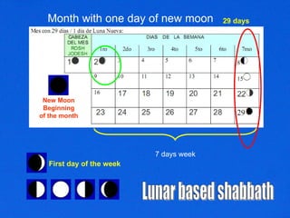 Month with one day of new moon 29 days 7 days week Lunar based shabbath First day of the week New Moon Beginning of the month 