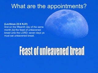 What are the appointments? (Leviticus 23:6 KJV) And on the fifteenth day of the same month  [is]  the feast of unleavened bread unto the LORD: seven days ye must eat unleavened bread.  Feast of unleavened bread  