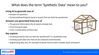 What does the term 'Synthetic Data' mean to you?
Using AI to generate one of
– Answers to questions
– Constructed participants (qual or quant) that can then be questioned
Answers are generated from one of
– The general information the AI system already had
– From first-party data
– From a combination of these two
Key aspects
– Creating personas that can then be ‘questioned’ in a qualitative way
– Creating quant data sets that can be analysed conventionally
– Augmenting data sets, for example to boost hard to reach samples (qual and quant)
Base all familiar with the terms, at least to some extent, 331 answers
 