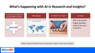 What’s happening with AI in Research and Insights?
A survey circulated to
the NewMR network
442 people 21 March to 7 April Caveats
NOT a rep sample
English speaking
Tends to be more
innovative
Note, ResearchWiseAI (an AI tool) was used to assist the analysis
 