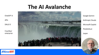The AI Avalanche
ChatGPT 4
APIs
DALLE-E
Free/fee/
enterprise
Google Gemini
Anthropic Claude
Microsoft Copilot
Perplexity.ai
Jasper