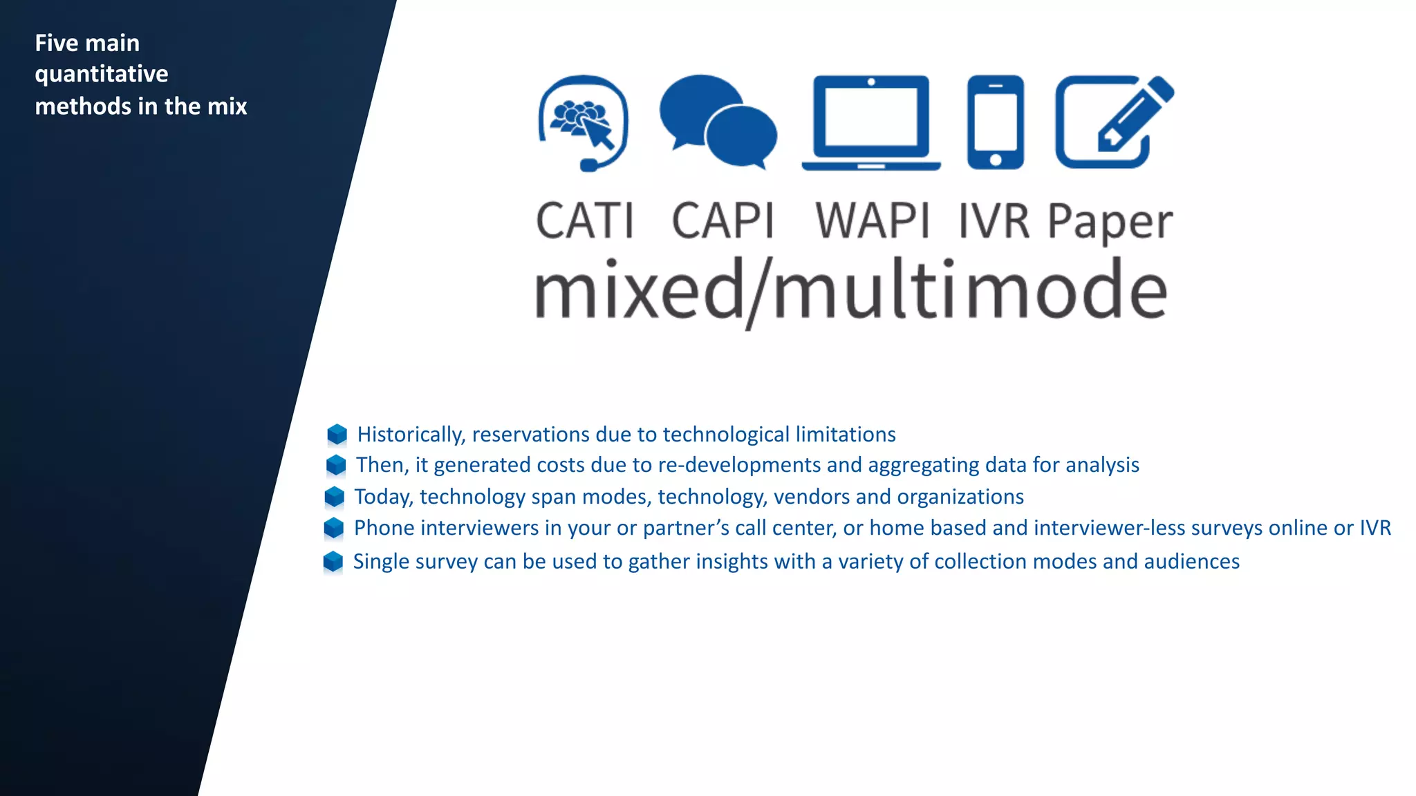 9
Five main
quantitative
methods in the mix
Historically, reservations due to technological limitations
Then, it generated costs due to re-developments and aggregating data for analysis
Today, technology span modes, technology, vendors and organizations
Phone interviewers in your or partner’s call center, or home based and interviewer-less surveys online or IVR
Single survey can be used to gather insights with a variety of collection modes and audiences
 