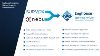 5
Global Business Unit (Survox + Nebu)
Focus on MR Software Solutions
Multimode Data Collection (CATI, Web, IVR, CAPI)
Clo...