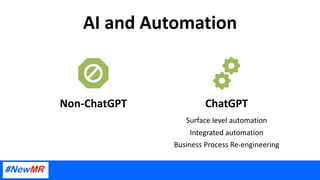AI and Automation
Non-ChatGPT ChatGPT
Surface level automation
Integrated automation
Business Process Re-engineering
 