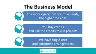 The Business Model
The more operations your file needs,
the higher the cost.
You buy credits
and use the credits to run projects
We have single user
and enterprise arrangements
 