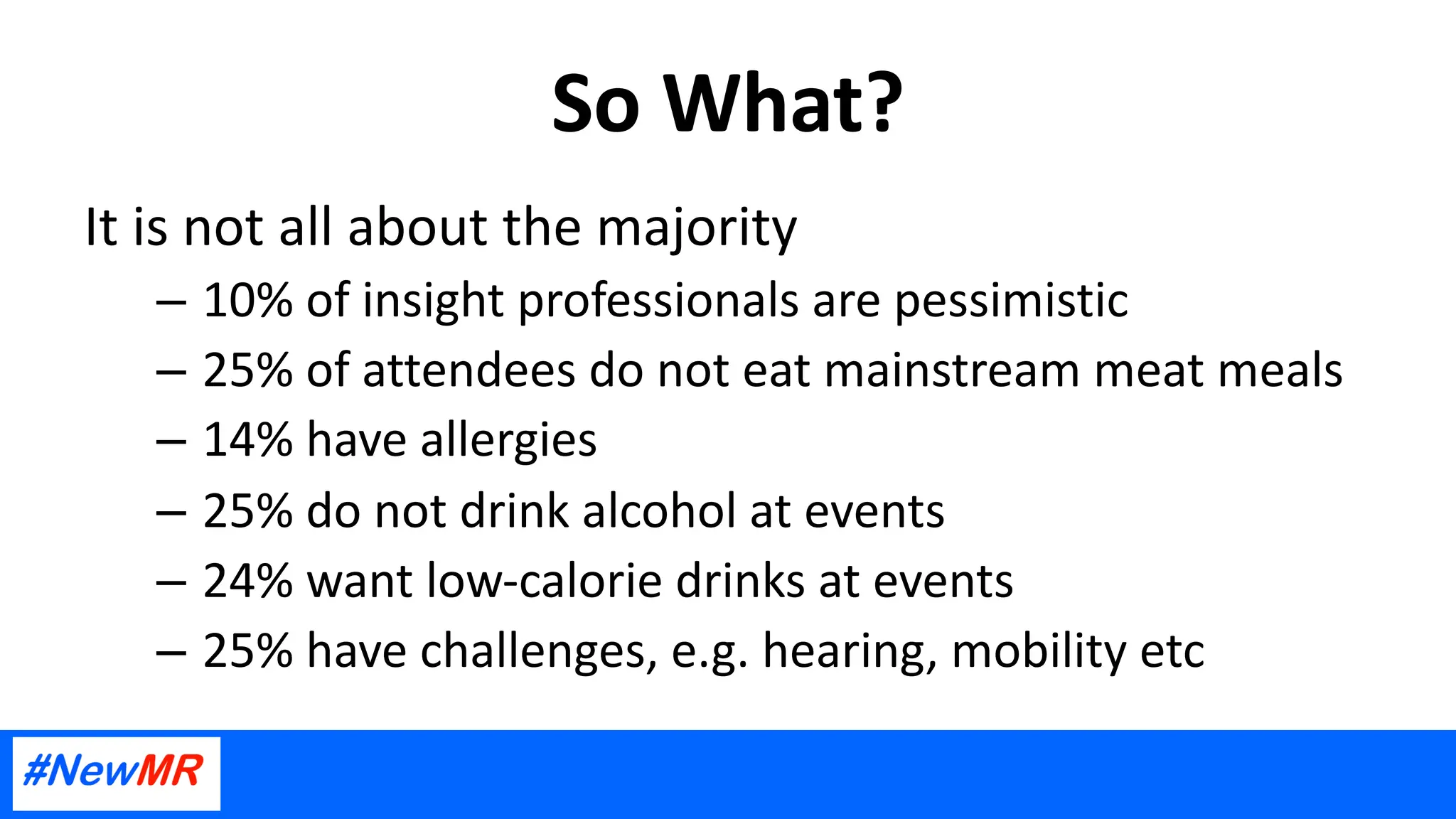 So What?
It is not all about the majority
– 10% of insight professionals are pessimistic
– 25% of attendees do not eat mainstream meat meals
– 14% have allergies
– 25% do not drink alcohol at events
– 24% want low-calorie drinks at events
– 25% have challenges, e.g. hearing, mobility etc
 
