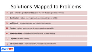 Solutions Mapped to Problems
Qual – when the question can’t be asked in a way that can generate numbers
Gamification – red...
