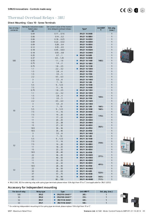 Siemens Overload Relay Selection Chart