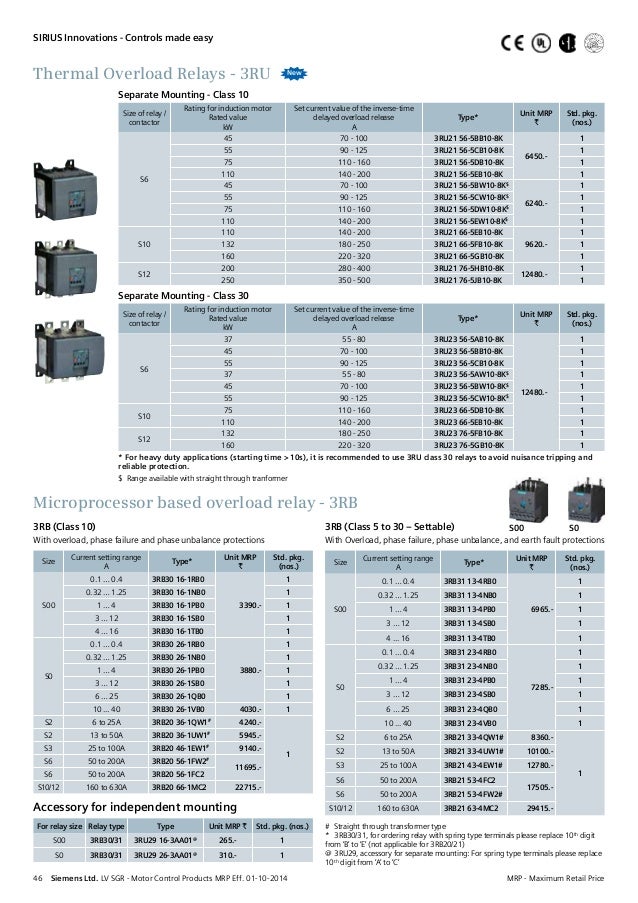 Siemens Overload Relay Selection Chart