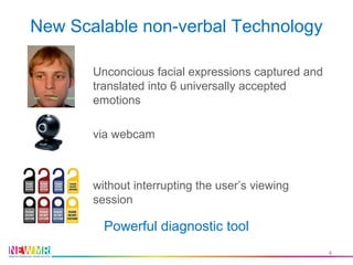 New Scalable non-verbal Technology
Unconcious facial expressions captured and
translated into 6 universally accepted
emotions
via webcam
without interrupting the user’s viewing
session
4
Powerful diagnostic tool
 