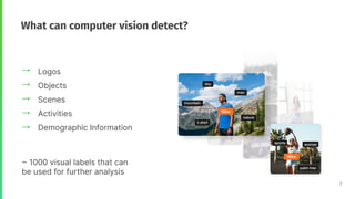 Logos
Objects
Scenes
Activities
Demographic Information
What can computer vision detect?
7
~ 1000 visual labels that can
b...