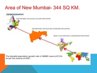 Area of New Mumbai- 344 SQ KM.
 