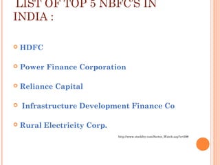  LIST OF TOP 5 NBFC’S IN
INDIA :
 HDFC
 Power Finance Corporation
 Reliance Capital
  Infrastructure Development Finance Co
 Rural Electricity Corp.
http://www.stockfry.com/Sector_Watch.asp?a=29#
 