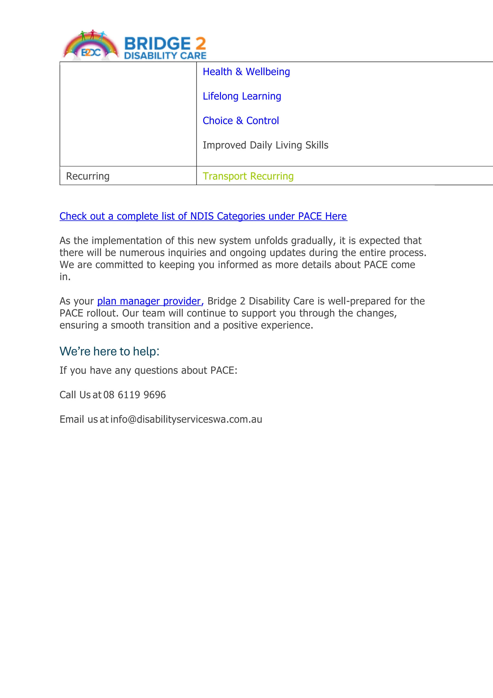 Health & Wellbeing
Lifelong Learning
Choice & Control
Improved Daily Living Skills
Recurring Transport Recurring
Check out a complete list of NDIS Categories under PACE Here
As the implementation of this new system unfolds gradually, it is expected that
there will be numerous inquiries and ongoing updates during the entire process.
We are committed to keeping you informed as more details about PACE come
in.
As your plan manager provider, Bridge 2 Disability Care is well-prepared for the
PACE rollout. Our team will continue to support you through the changes,
ensuring a smooth transition and a positive experience.
We’re here to help:
If you have any questions about PACE:
Call Us at 08 6119 9696
Email us at info@disabilityserviceswa.com.au
 