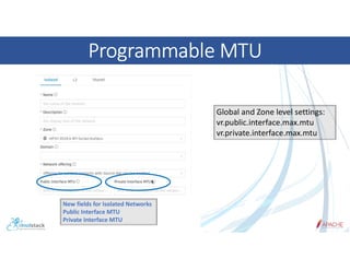 Programmable MTU
New fields for Isolated Networks
Public Interface MTU
Private Interface MTU
Global and Zone level setting...