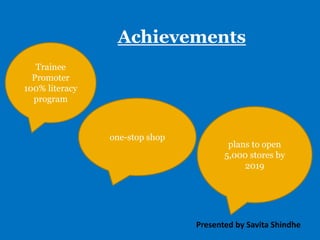 Achievements
Trainee
Promoter
100% literacy
program
one-stop shop
plans to open
5,000 stores by
2019
Presented by Savita Shindhe
 