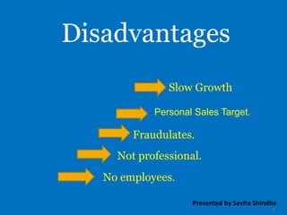 Disadvantages
Personal Sales Target.
Slow Growth
Fraudulates.
Not professional.
No employees.
5
Presented by Savita Shindhe
 