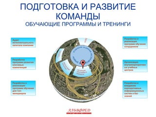 ПОДГОТОВКА И РАЗВИТИЕ КОМАНДЫ ОБУЧАЮЩИЕ ПРОГРАММЫ И ТРЕНИНГИ Аудит интеллектуального капитала компании Разработка программ развития ключевых компетенций Разработка и реализация программ обучения для топ-менеджеров Разработка и реализация программ обучения сотрудников Организация внутрикорпоративных учебных центров Разработка и внедрение корпоративных информационных систем и баз знаний АЛЬВФРЕД консалтинговая компания 
