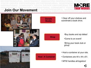 Join Our Movement Donate Books Host  A Container Clear off your shelves and coordinate a book drive. Host a container at your site. Containers are 44 x 44 x 81. MTW handles all logistics! Shop Buy books and sip lattes! Come to an event! Bring your book club or group  