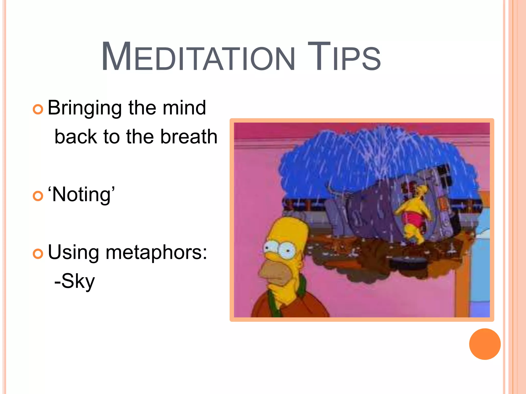 MEDITATION TIPS
 Bringing the mind
back to the breath
 ‘Noting’
 Using metaphors:
-Sky
 