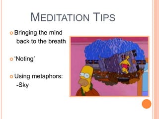MEDITATION TIPS
 Bringing the mind
back to the breath
 ‘Noting’
 Using metaphors:
-Sky
 