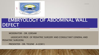 EMBRYOLOGY OF ABDOMINAL WALL
DEFECT
MODERATOR – DR. GERSAM
(ASSOCIATE PROF. OF PEDIATRIC SURGERY AND CONSULTANT GENERAL AND
PEDIATRIC SURGEON)
PRESENTER – DR. TEGENE .A (GSR1)
1
2/27/2024
Embryology of abdominal wall defect
 