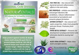 TEA TREE OIL – Has natural anti-
                                          bacterial and anti-inflammatory
                                          effects in the oral cavity.
                                          BEE PROPOLIS – Inhibits orac bacteria
                                          and fungal infections like
                                          candidiasis, reduces inflammation
                                          associated w/ periodontis and
                                          prevents plaque formation.
                                           MYRRH EXTRACT – Has natural anti-
                                           septic properties, helps treat gingivitis
                                           and sore throat. Promotes fresh
                                           breath.
                                           PIPER BETLE EXTRACT – Prevents the
                                           development of plaque formation and
                                           eliminates bacteria causing bad
Helps protect against cavities & deeply    breath.
  cleans teeth along the gum line to
 prevent plaque build up. Get rids of     ALOE VERA EXTRACT – Helps clean
  bacteria keeps your mouth clean &       teeth and fight cavities.
    fresher longer. Makes brushing               Formulated by:
   healthier routine with the help of
16,000 Phyto-nutrients from Complete.
 