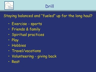 Exercise - sports Friends & family Spiritual practices Play Hobbies Travel/vacations Volunteering - giving back Rest Drill Staying balanced and “fueled” up for the long haul? 