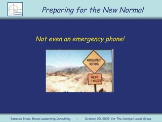 Not even an emergency phone! Preparing for the New Normal Rebecca Bruns, Bruns Leadership Consulting  --  October 20, 2009, for The Catalyst Leads Group 