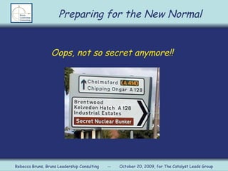 Oops, not so secret anymore!! Preparing for the New Normal Rebecca Bruns, Bruns Leadership Consulting  --  October 20, 2009, for The Catalyst Leads Group 