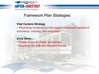 Vital Centers Strategy Promoting investment in the region’s traditional centers of commerce, industry, and education. Early Ideas…   Priority Areas for Public Investment Incentives for Infill and Adaptive Reuse Framework Plan Strategies 
