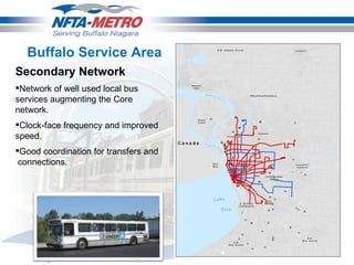 Buffalo Service Area Secondary Network Network of well used local bus services augmenting the Core network. Clock-face frequency and improved speed. Good coordination for transfers and  connections. 
