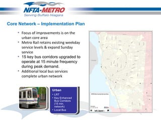Focus of improvements is on the urban core area Metro Rail retains existing weekday service levels & expand Sunday service  15 key bus corridors upgraded to operate at 15 minute frequency during peak demand. Additional local bus services complete urban network Core Network – Implementation Plan Urban LRT Key Enhanced Bus Corridors (15 min. network) Local Bus 