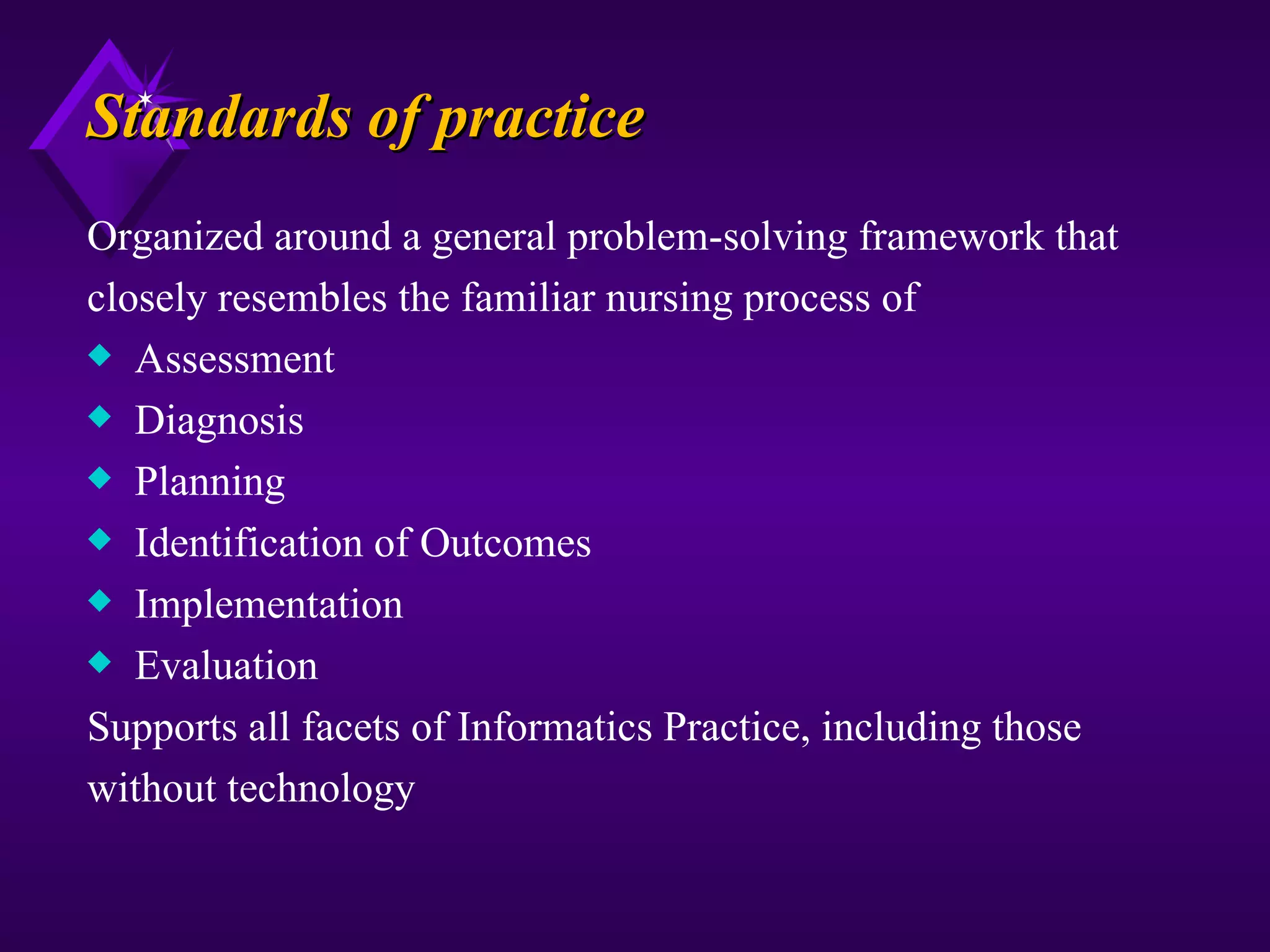 Standards of practice
Organized around a general problem-solving framework that
closely resembles the familiar nursing process of
x Assessment
x Diagnosis
x Planning
x Identification of Outcomes
x Implementation
x Evaluation

Supports all facets of Informatics Practice, including those
without technology
 