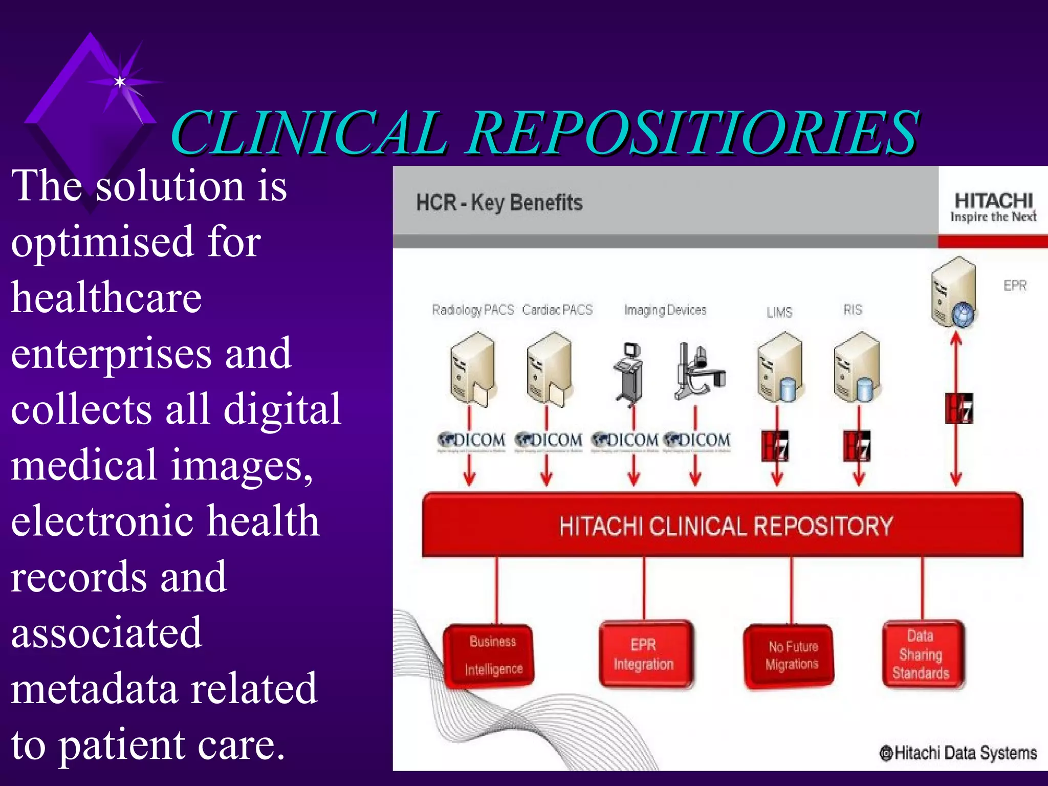 CLINICAL REPOSITIORIES
The solution is
optimised for
healthcare
enterprises and
collects all digital
medical images,
electronic health
records and
associated
metadata related
to patient care.
 
